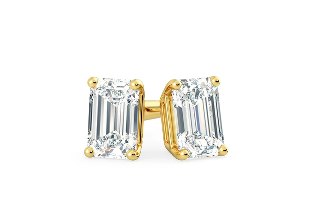 Two Carat Emerald Diamond Stud Earrings in 18K Yellow Gold