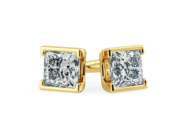 Alvera Princess Diamond Stud Earrings in 18K Yellow Gold with Alpha Backs