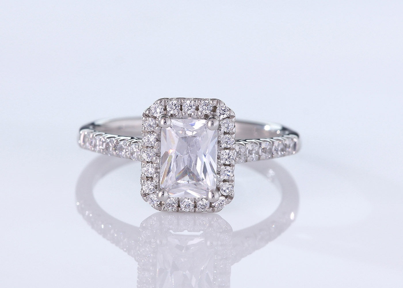 Two Carat Halo Emerald Diamond Ring in 9K White Gold 360 image