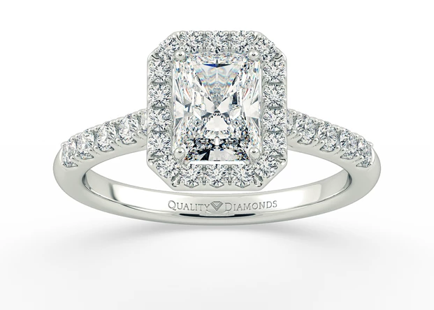 Two Carat Halo Emerald Diamond Ring in 9K White Gold