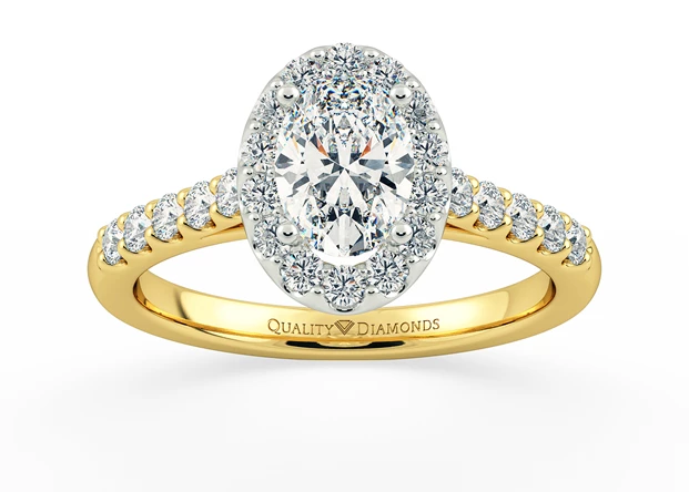 Two Carat Lab Grown Oval Halo Diamond Ring in 18K Yellow Gold